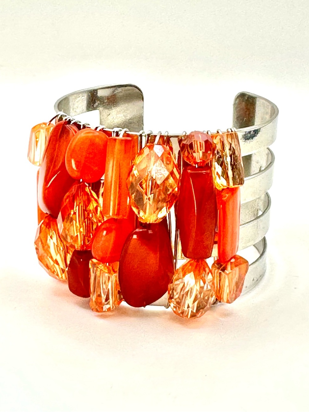 Vintage Carnelian Nugget & Amber Toned Resin Stone Silvertone Cuff